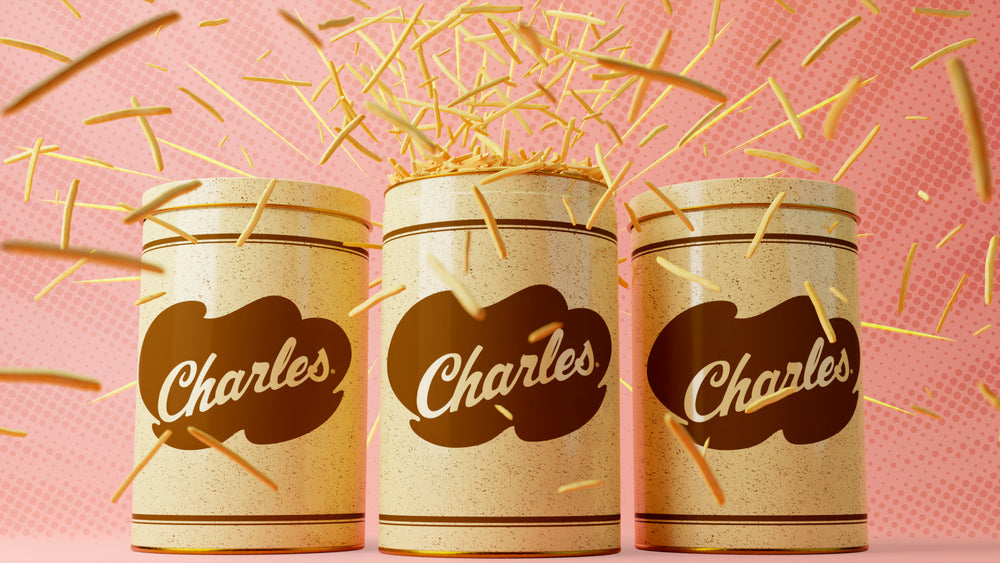 Charles Chips Tin filled with golden potato sticks, combining the timeless taste with a modern twist for a crunchy snack experience