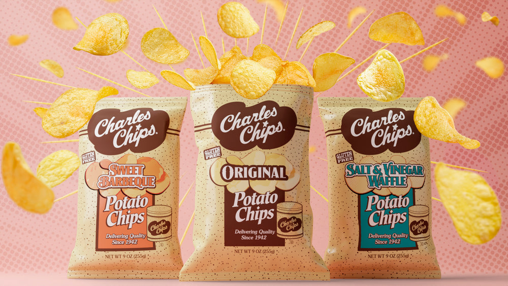 A selection of 9oz Charles Chips bags, perfect for on-the-go snacking without compromising the traditional Charles Chips Tin quality