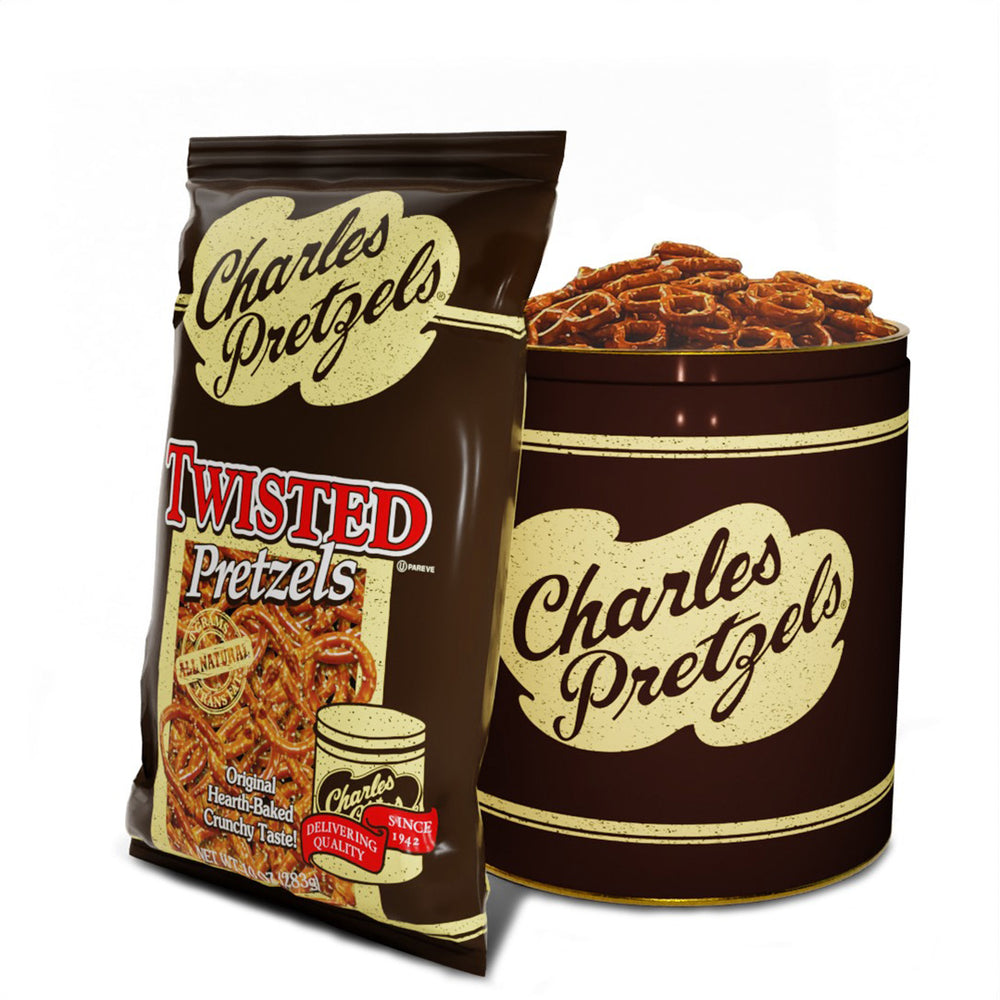 Charles Chips Mini Pretzels Tin & Refill bag