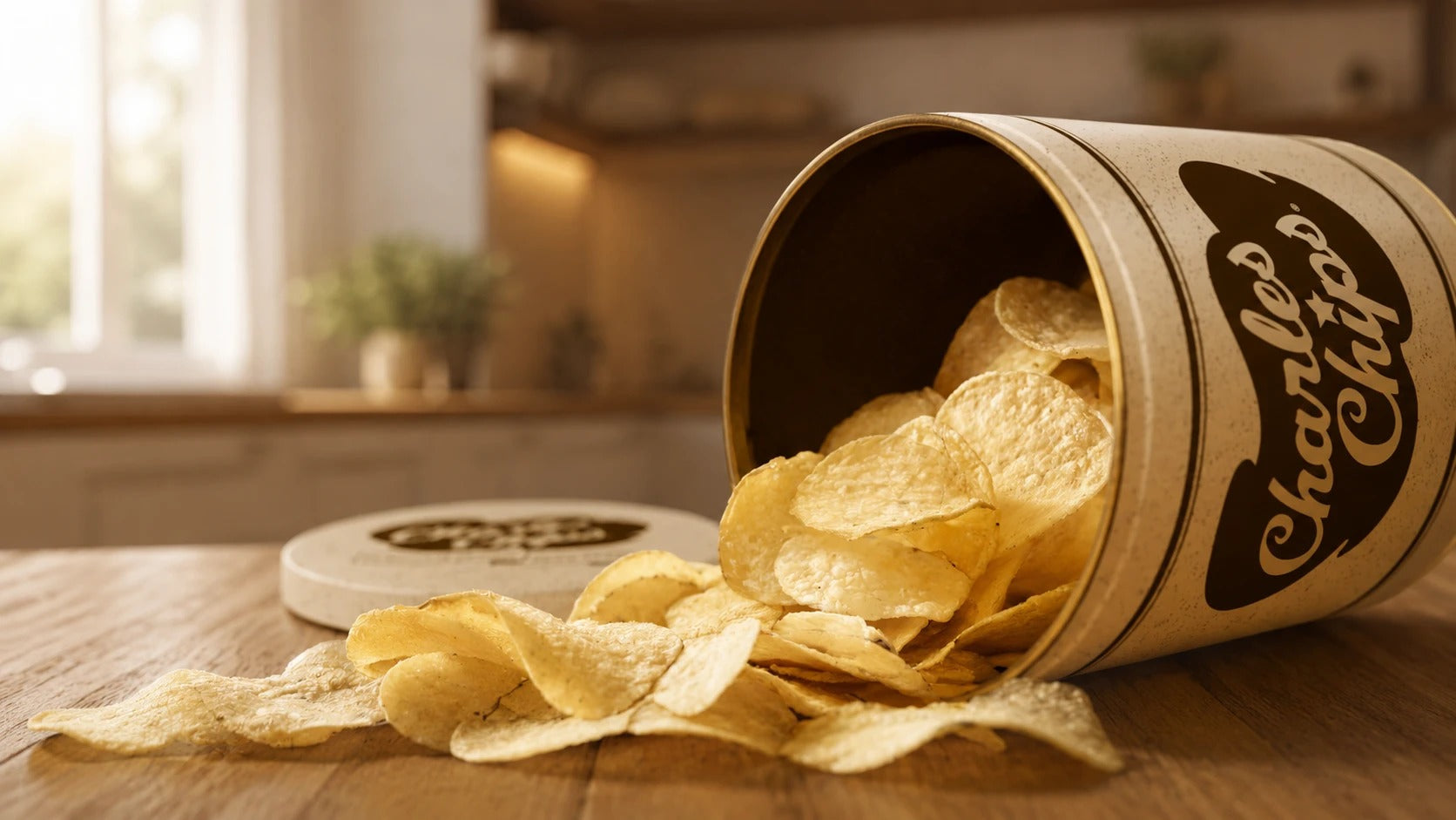 Charles Chips tin on its side, chips spilling onto the counter