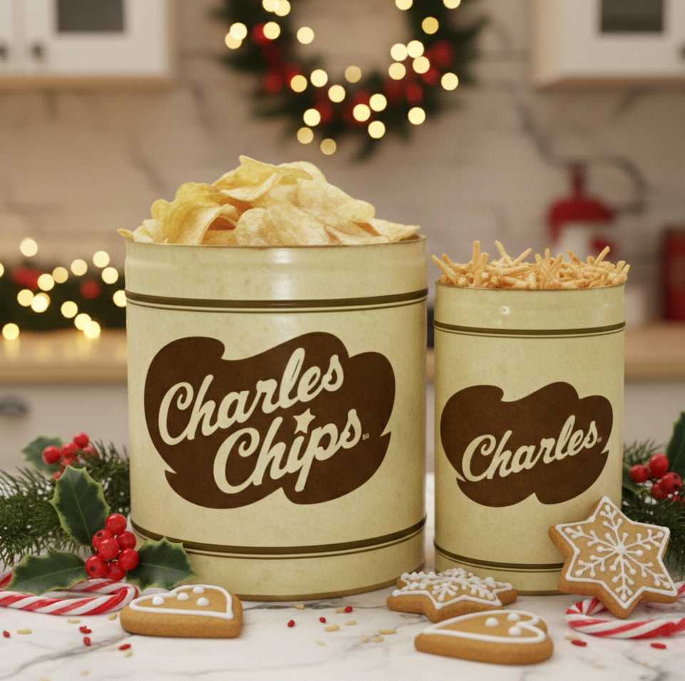 Two 'Charles Chips' containers with snacks on a festive kitchen counter.