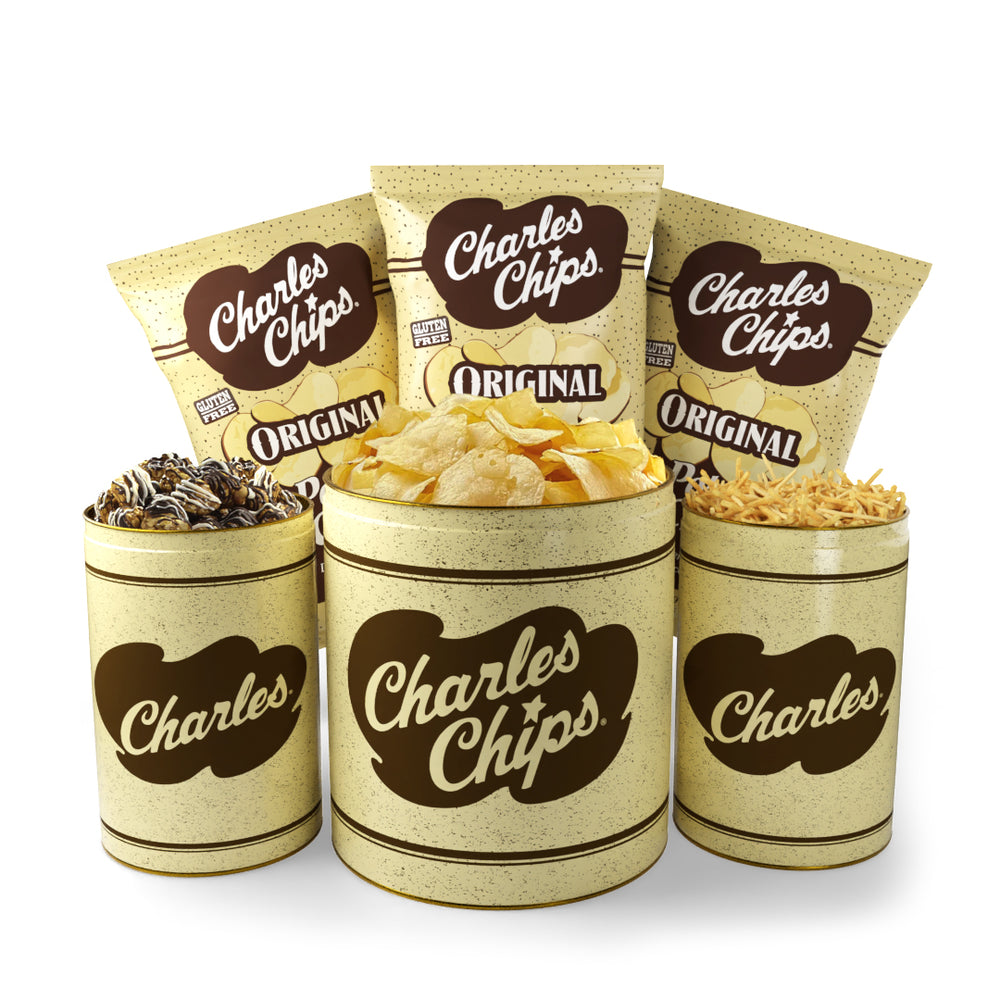 Popcorn tin + Original Chip tin + Potato Sticks tin (10oz ) + 3 Bags Original (8oz)