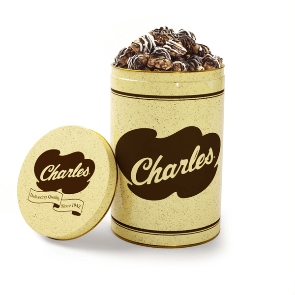 White & Dark Chocolate Swirl Popcorn Tin - Charles Chips