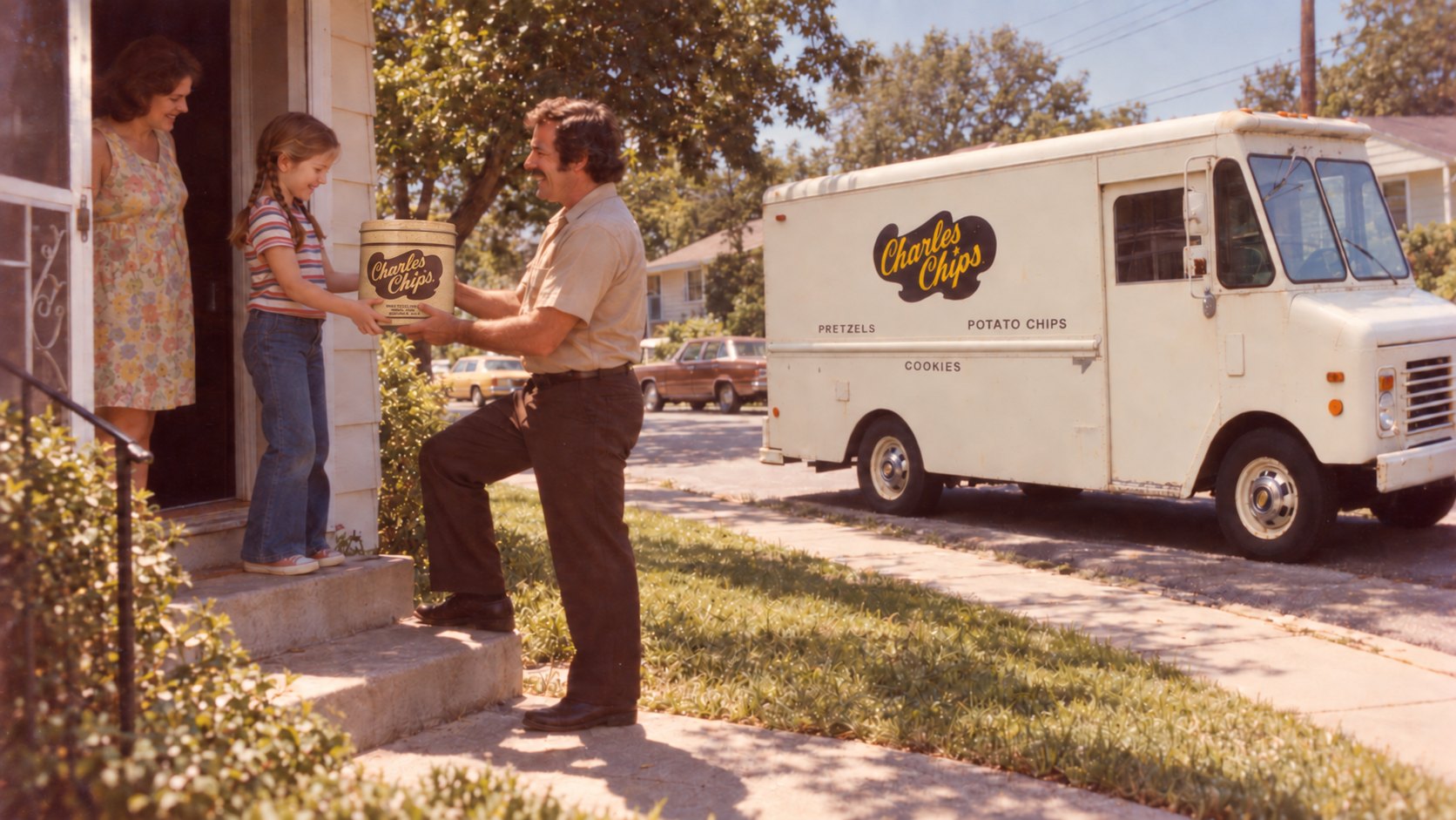 A Charles Chips route man hands a tin to a girl at her front door, the delivery truck parked at the curb.