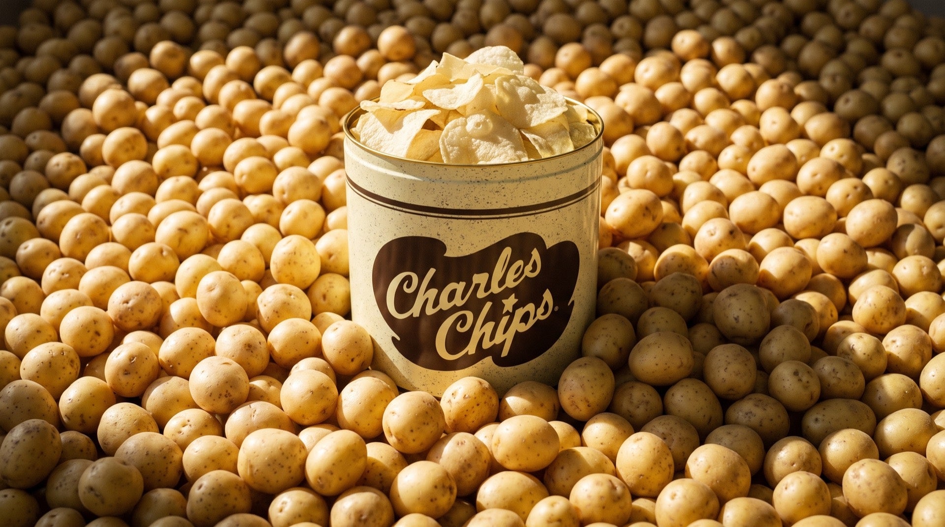 An open tin of Charles Chips, overflowing with chips, sunk in a field of fresh potatoes