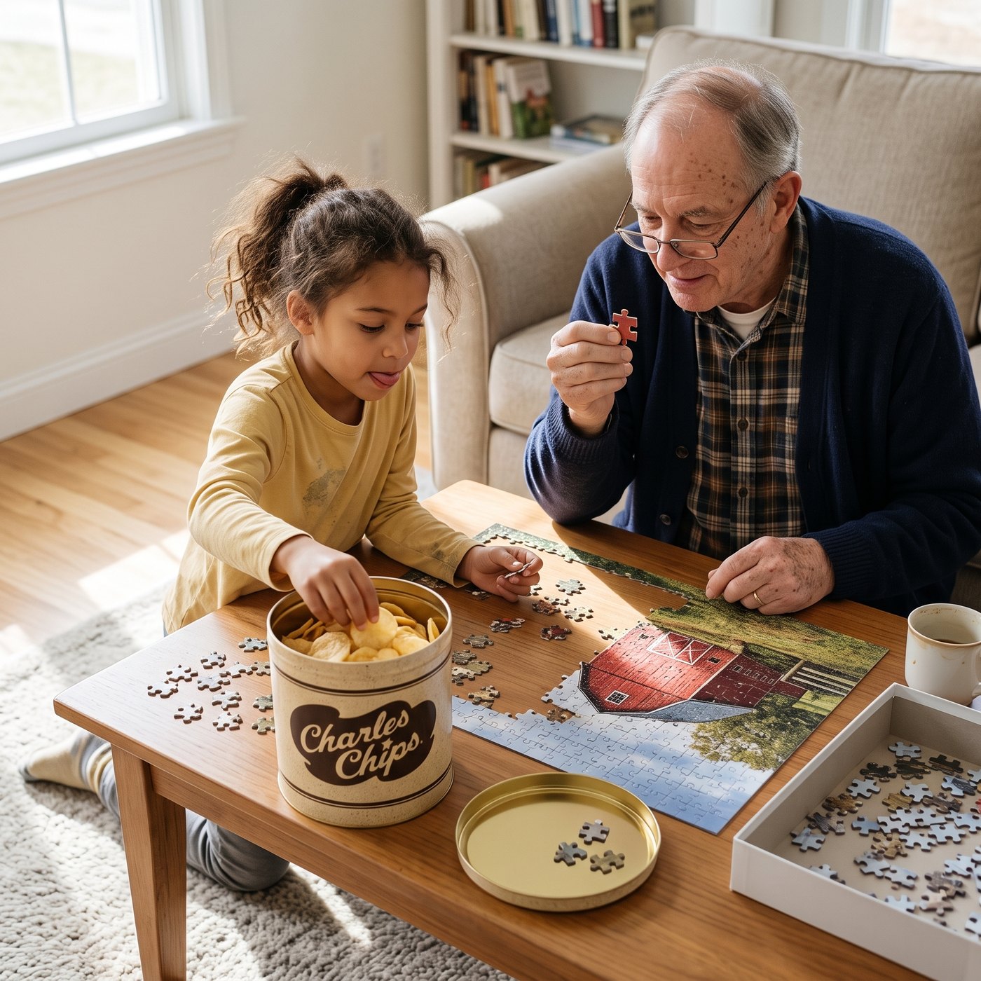 A grandfather and granddaughter doing a puzzle at the coffee table, with an open Charles Chips tin between them